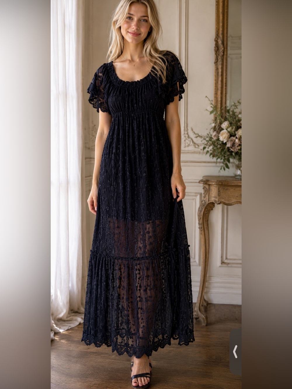 Adelyn Rae Navy Polka Dot Lace Maxi Dress with Flutter Sleeves 39890